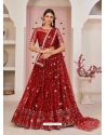 Tomato Red Designer Mono Net Wedding Wear Lehenga Choli