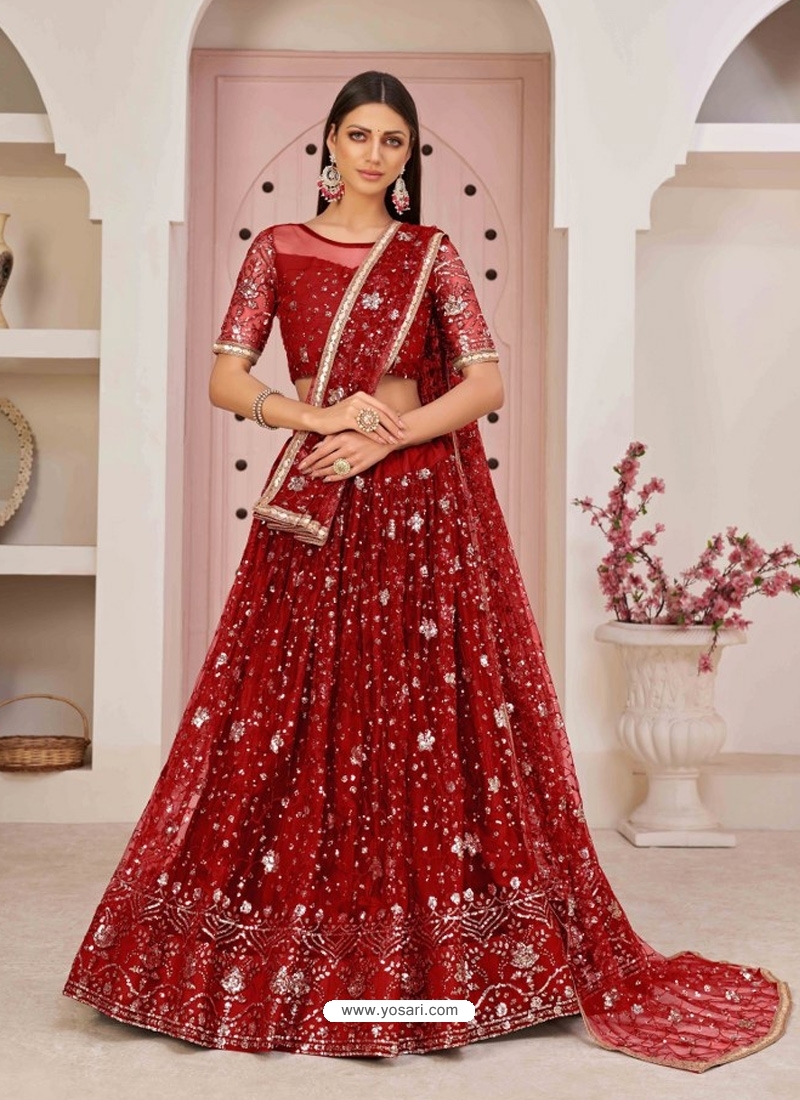 tomato red designer mono net wedding wear lehenga choli