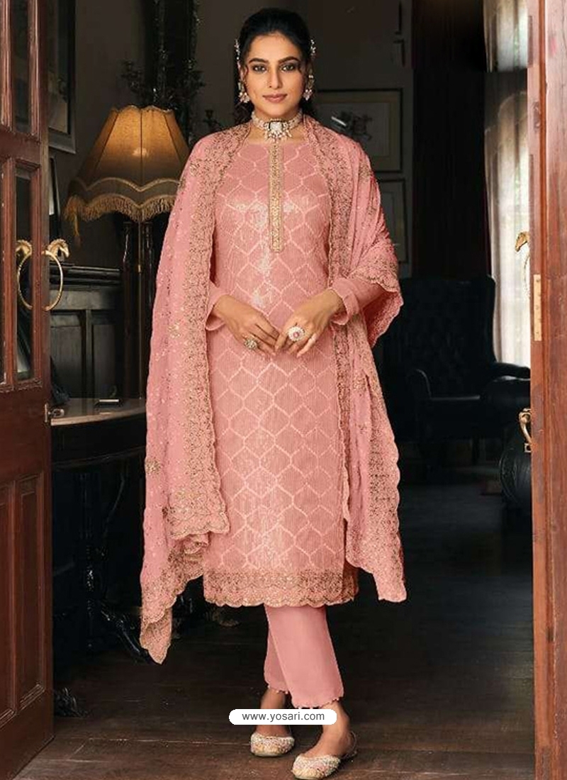 Enticing Plain Silk Pink Churidar Designer Suit -