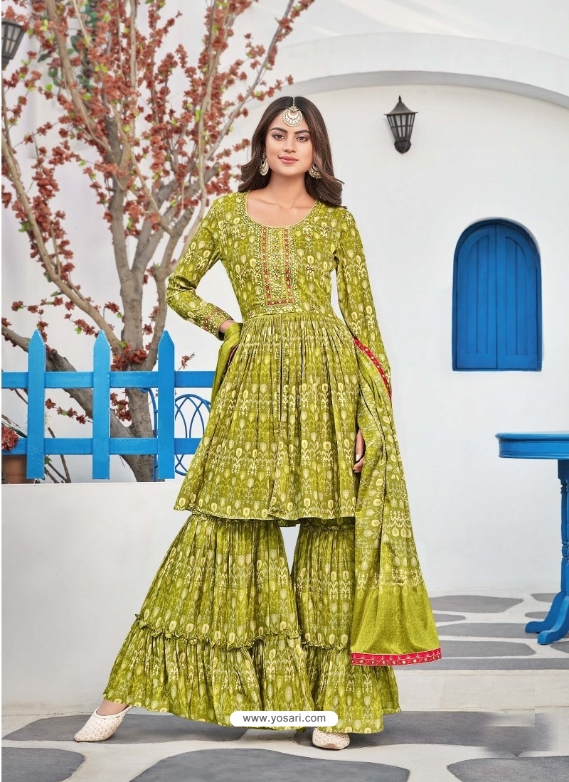 Parrot Green Readymade Designer Party Wear Pure Muslin Palazzo Suit