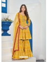 Yellow Readymade Designer Party Wear Pure Muslin Palazzo Suit