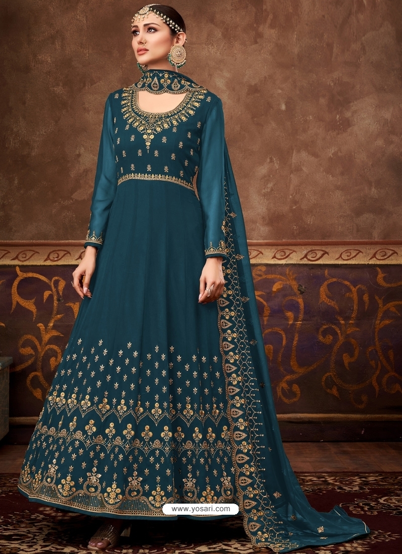 Teal Blue Fabulous Designer Real Blooming Georgette Anarkali Suit