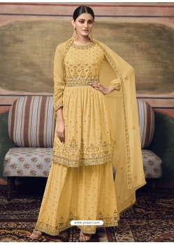 Yellow Scintillating Designer Heavy Faux Georgette Sharara Suit