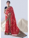 Dark Peach Designer Silk Organza Wedding Wear Sari