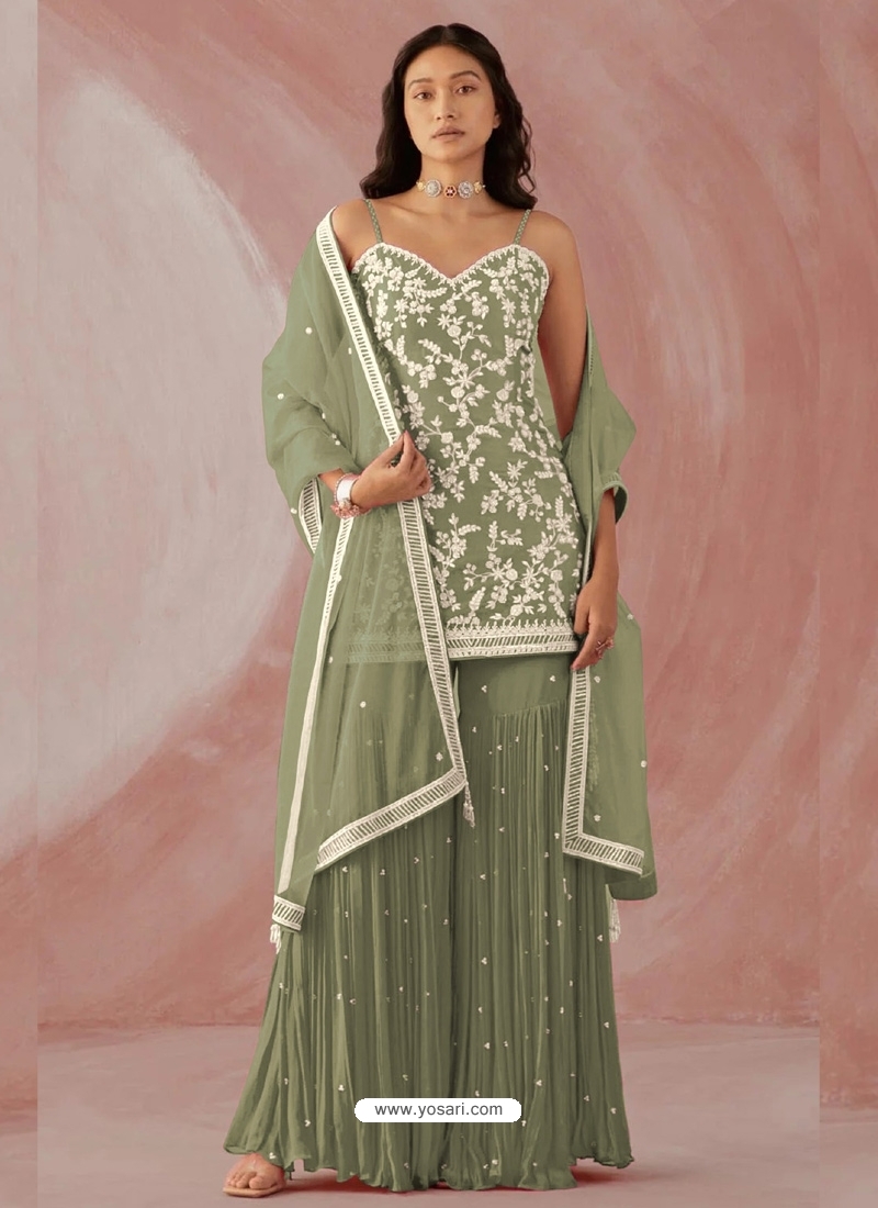 Olive Green Scintillating Designer Heavy Faux Georgette Sharara Suit