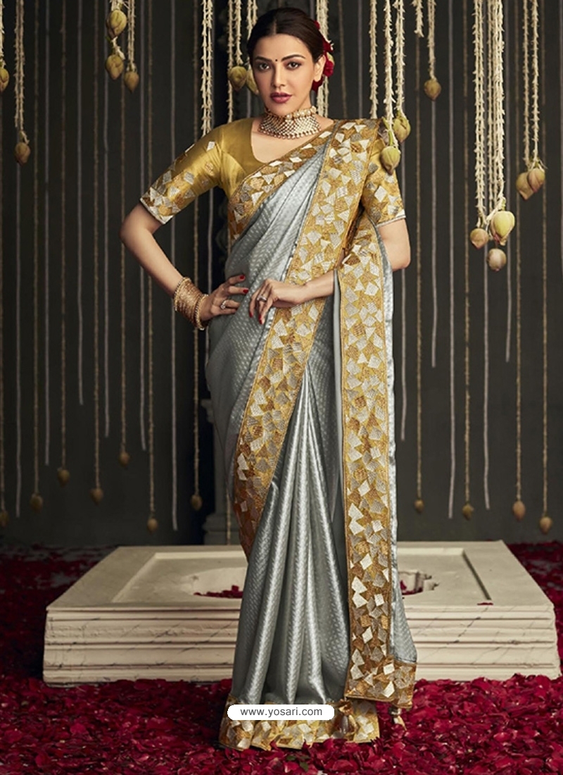 Silver Designer Fancy Fabric Wedding Wear Sari