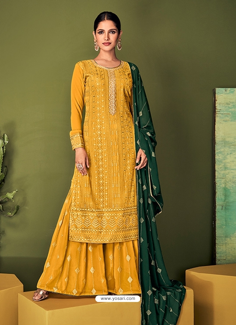 Yellow Readymade Designer Party Wear Real Georgette Palazzo Suit