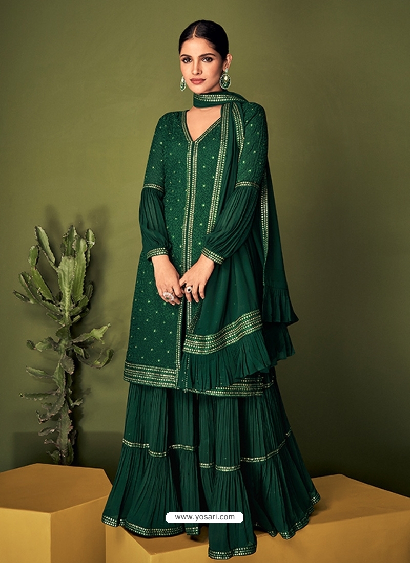 Dark Green Readymade Designer Party Wear Real Georgette Palazzo Suit