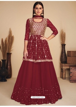 Maroon Readymade Designer Party Wear Faux Georgette Wedding Suit