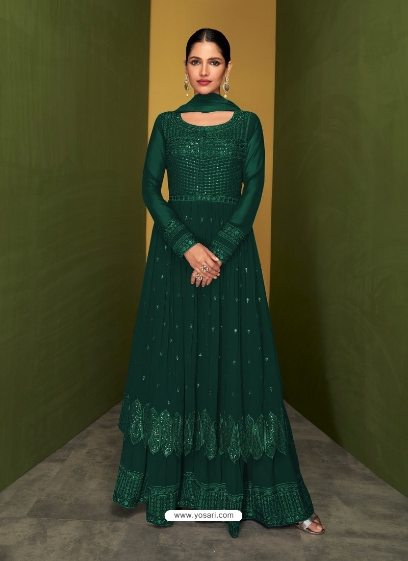 Faux Georgette Green Resham Floor Length Anarkali Suit buy online -