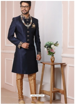 Navy Blue Premium Men's Designer Indo Western Sherwani
