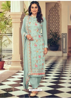 Grayish Green Designer Party Wear Heavy Chinon And Georgette Wedding Suit