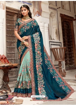 Teal Blue Designer Barfi Silk Wedding Wear Sari
