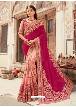 Rose Red Designer Barfi Silk Wedding Wear Sari