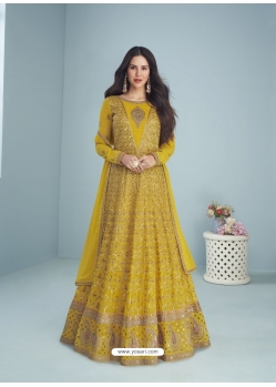 Yellow Designer Wedding Wear Real Georgette Anarkali Suit