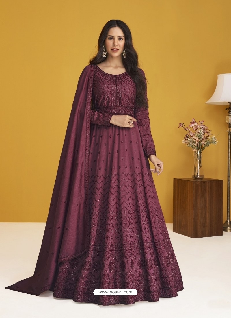 Deep Wine Designer Wedding Wear Premium Silk Anarkali Suit