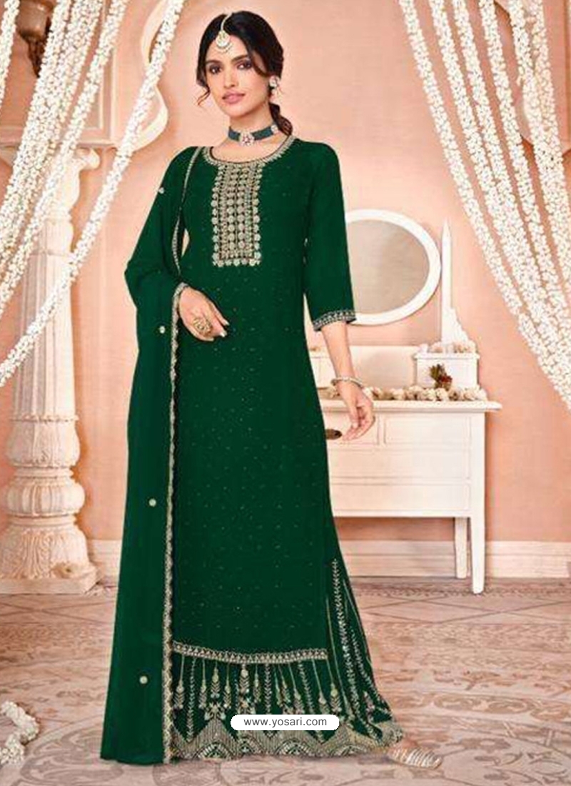 Dark Green Designer Wedding Wear Pure Georgette Palazzo Suit