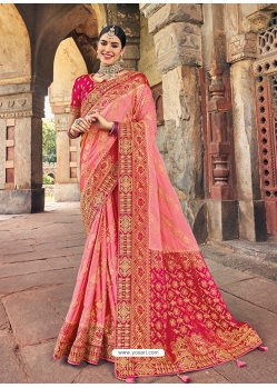 Peach Designer Silk Wedding Wear Sari