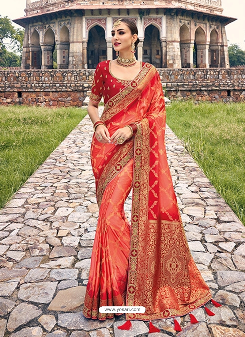 Light Red Designer Silk Wedding Wear Sari