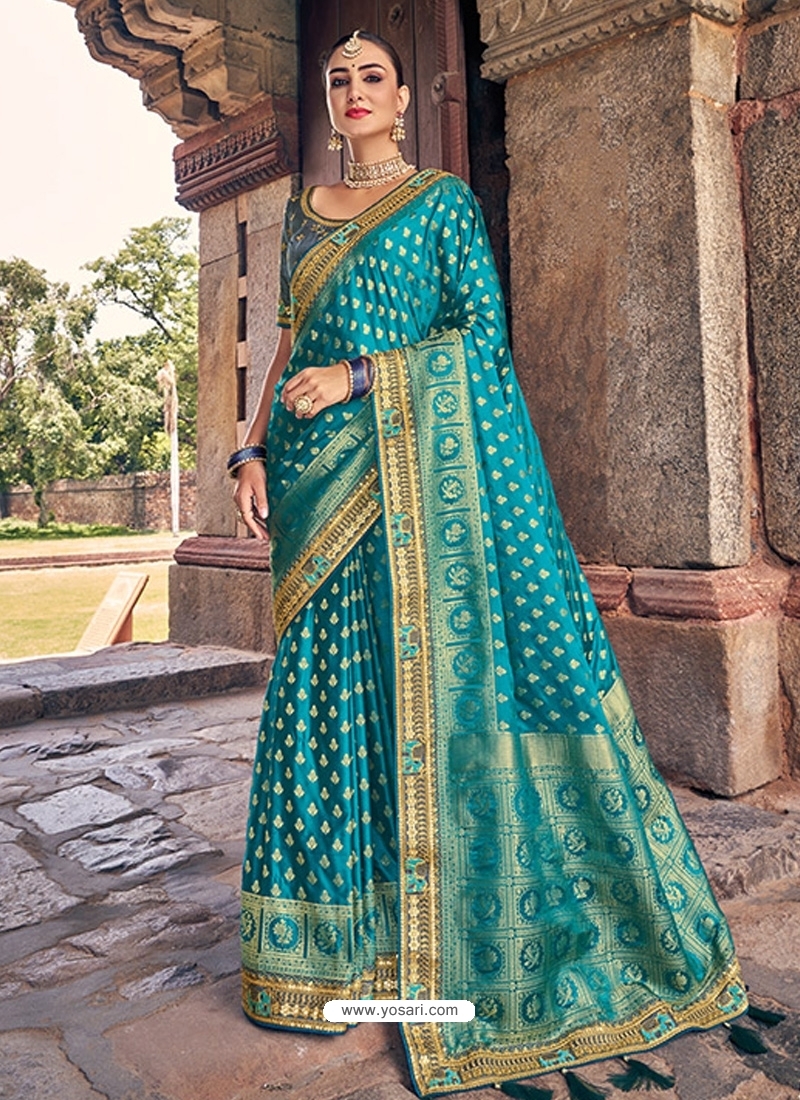 Blue Designer Silk Wedding Wear Sari