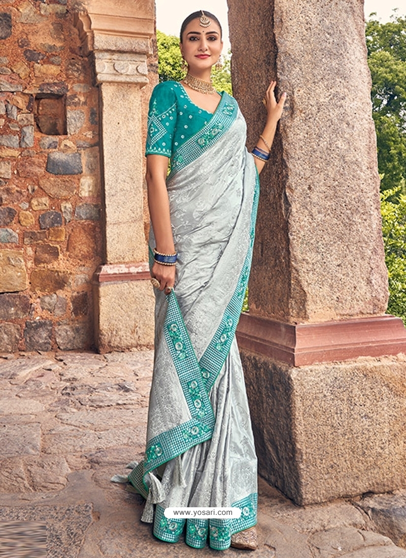 Light Grey Designer Silk Wedding Wear Sari