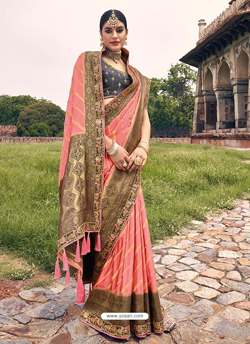 Peach Designer Silk Wedding Wear Sari