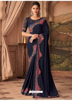 Navy Blue Designer Soft Silk Wedding Wear Sari