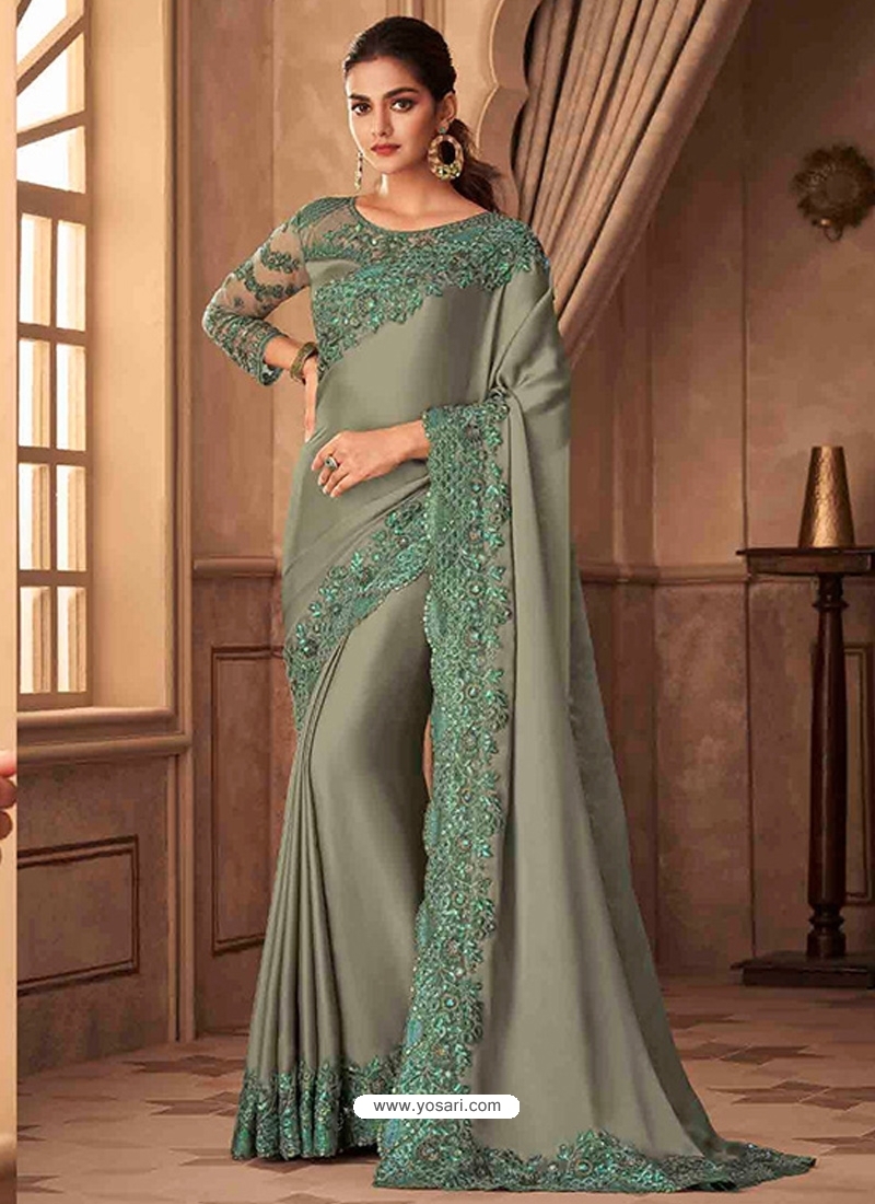 Grayish Green Designer Soft Silk Wedding Wear Sari