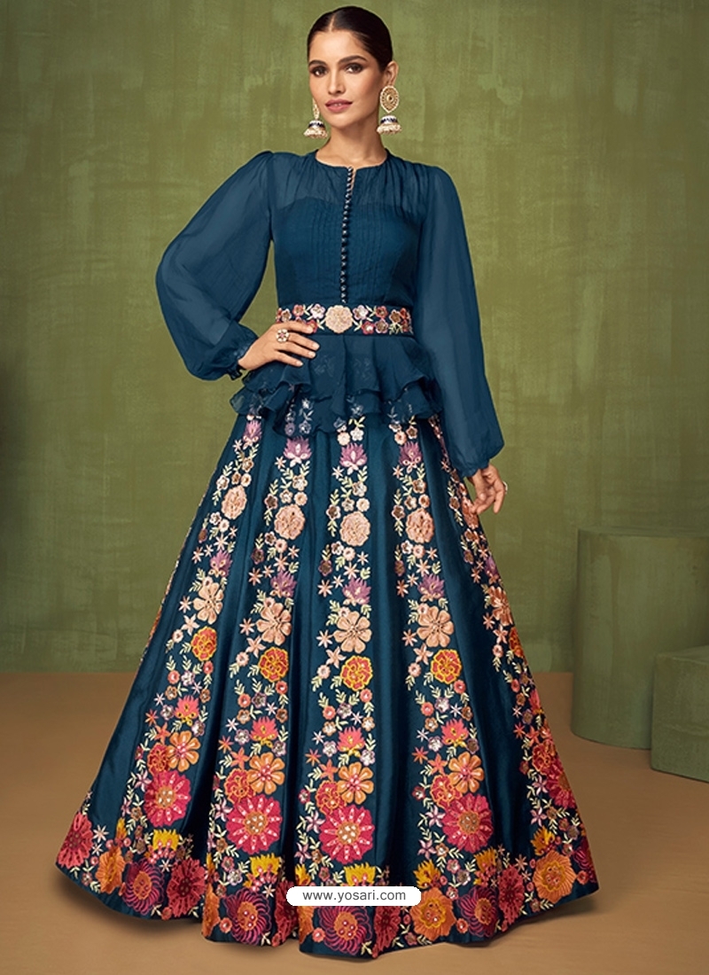 Teal Blue Readymade Designer Party Wear Real Georgette Wedding Suit