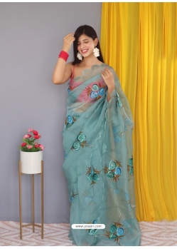 Aqua Grey Designer Nylon Organza Wedding Wear Sari