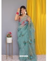 Aqua Grey Designer Nylon Organza Wedding Wear Sari