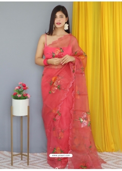 Light Red Designer Nylon Organza Wedding Wear Sari