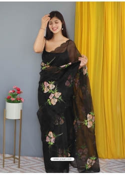 Black Designer Nylon Organza Wedding Wear Sari