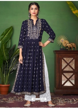 Navy Blue Readymade Designer Wedding Wear Heavy Pure Rayon Palazzo Suit