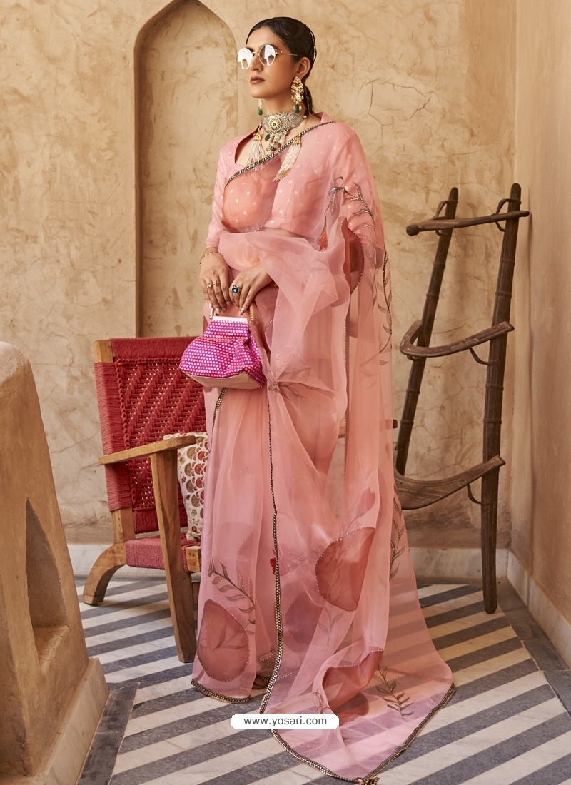 Dusty Pink Designer Organza Net Wedding Wear Sari