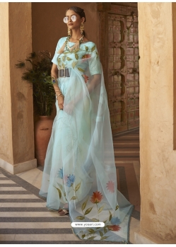 Sky Blue Designer Organza Net Wedding Wear Sari