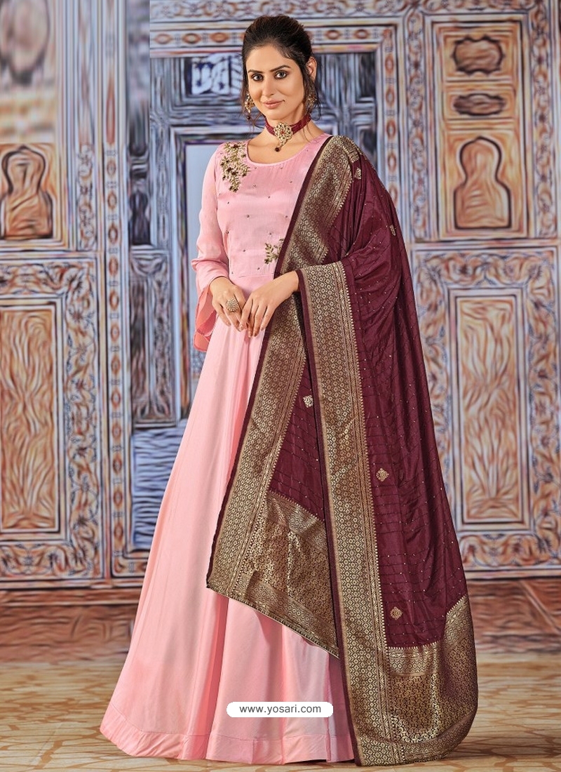 Pink Readymade Designer Wedding Wear Silk Anarkali Suit