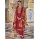 Tomato Red Designer Party Wear Pure Silk Jacquard Palazzo Suit