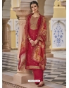 Tomato Red Designer Party Wear Pure Silk Jacquard Palazzo Suit