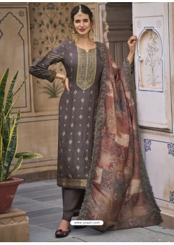 Grey Designer Party Wear Pure Silk Jacquard Palazzo Suit