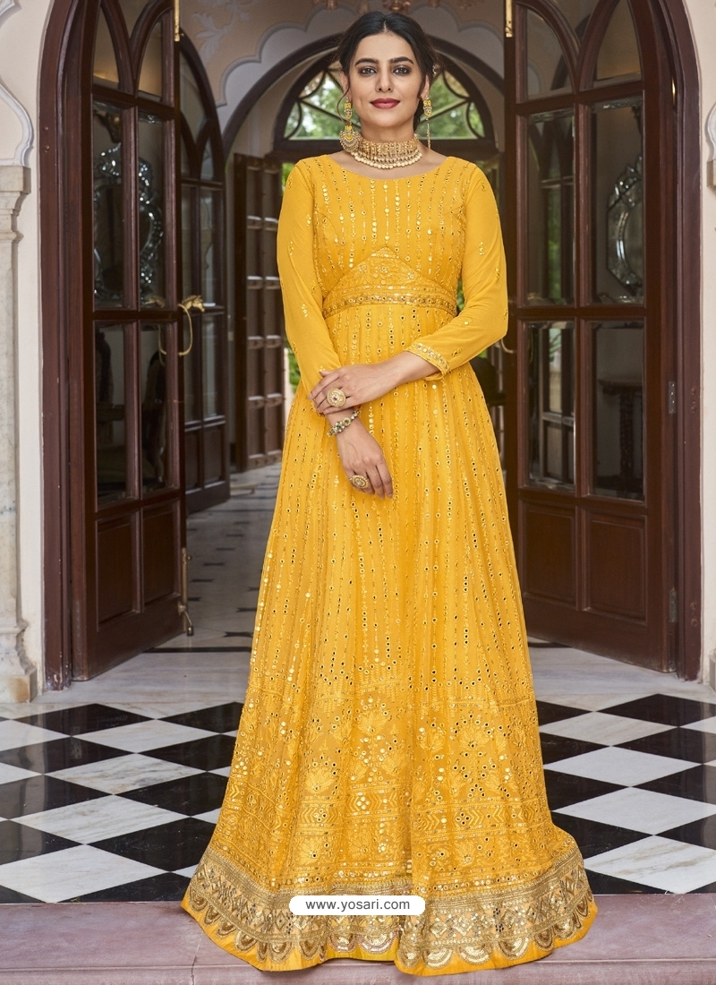 Yellow Readymade Designer Wedding Wear Anarkali Suit