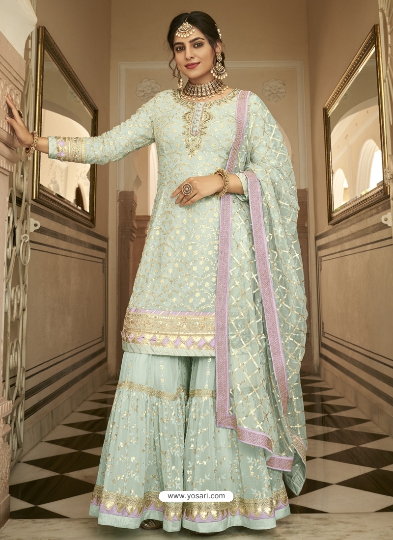 Sea Green Readymade Designer Party Wear Faux Georgette Sharara Suit