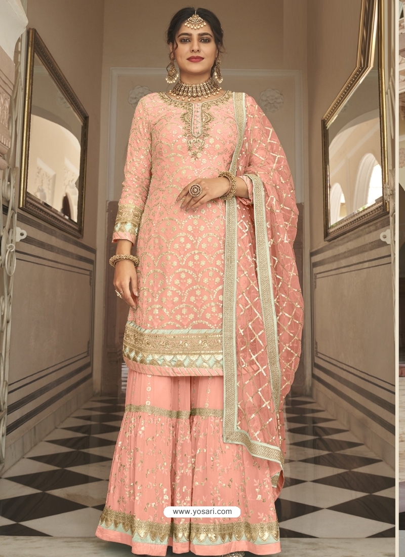 Peach Readymade Designer Party Wear Faux Georgette Sharara Suit