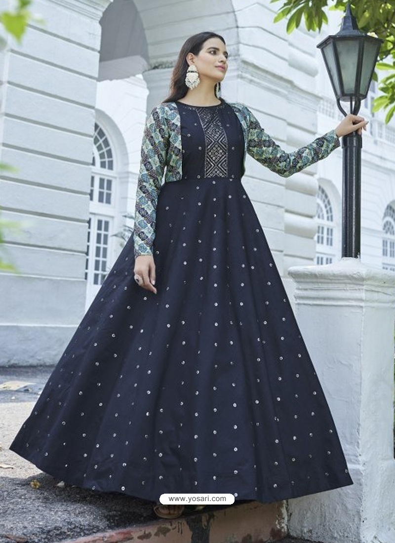 Buy Navy Blue Designer Wedding Wear Gown With Shrug  Gown With Shrugs