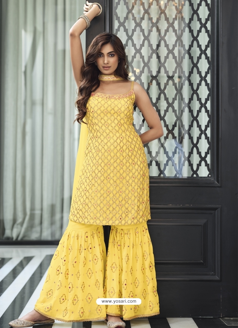 Light Yellow Readymade Designer Party Wear Georgette Sharara Suit