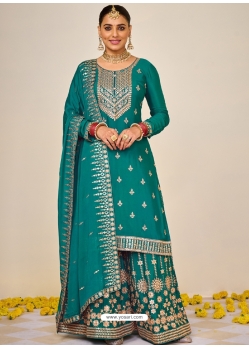 Teal Designer Party Wear Heavy Chinon Sharara Suit