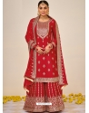Tomato Red Designer Party Wear Heavy Chinon Sharara Suit