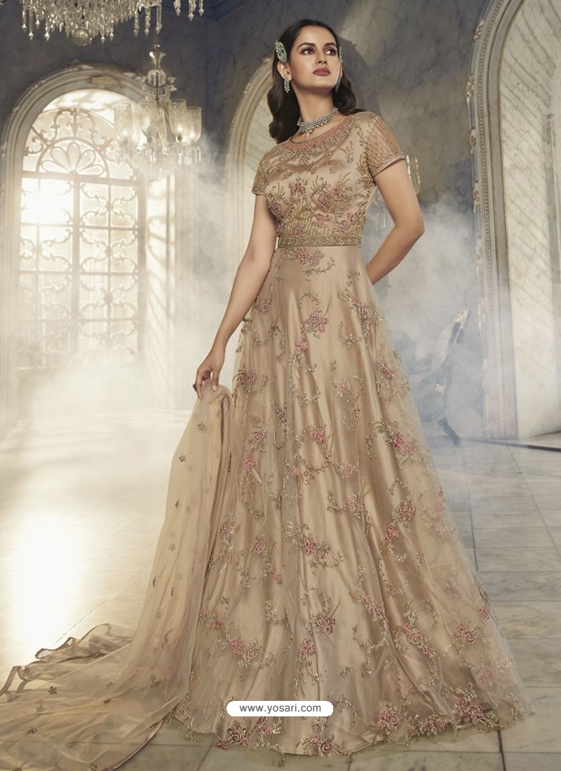 Gold Designer Wedding Wear Butterfly Net Anarkali Suit