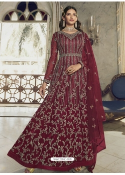 Maroon Designer Wedding Wear Butterfly Net Anarkali Suit