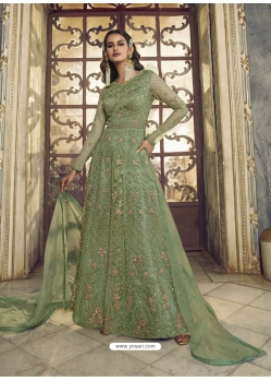 Pista Green Designer Wedding Wear Butterfly Net Anarkali Suit